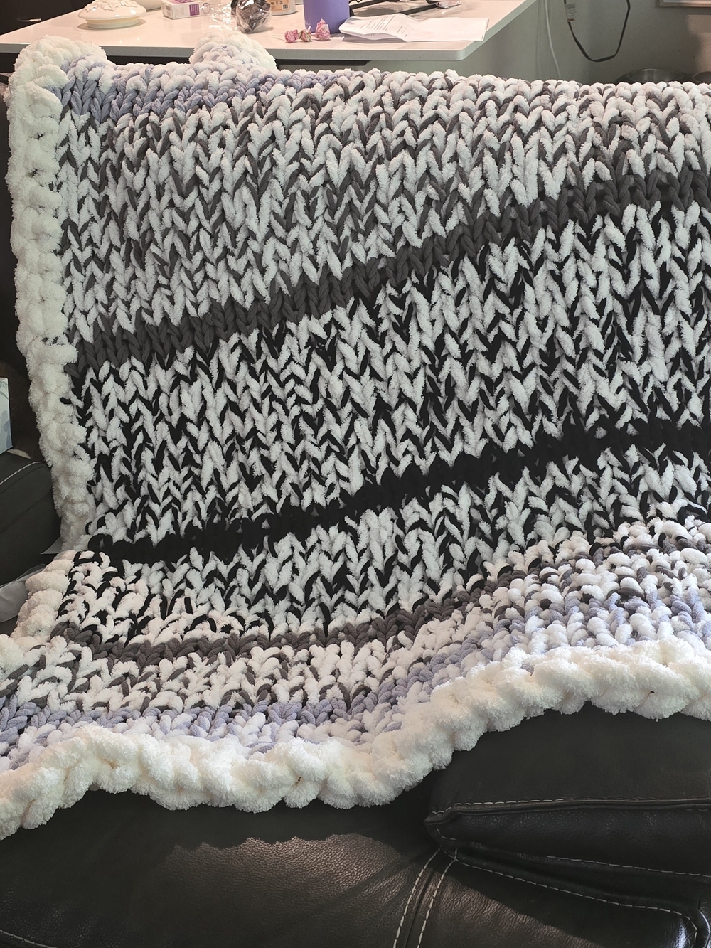 Hand Made Cozy Chunky Knit Plush Throw Blanket - Gray & White
